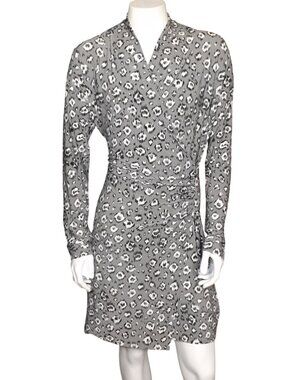 NORMA KAMALI Dress, XXL, Grey/Black, Abstract Leopard, Long sleeve, Gathered hip